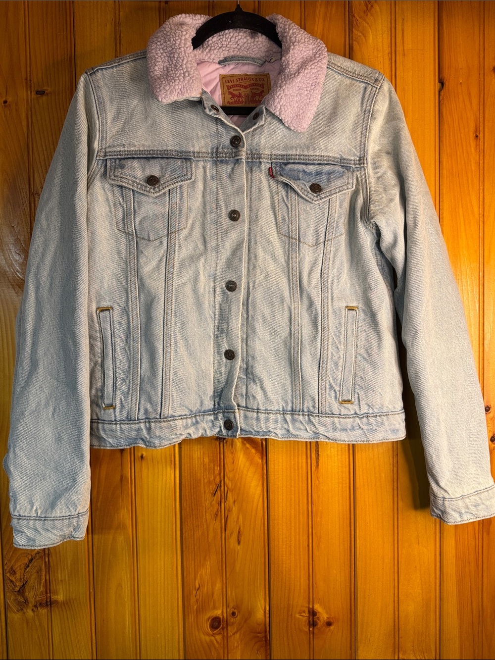 Levi's Light Blue Denim Bomber Jacket with Purple Sherpa Collar - Picture 1 of 11
